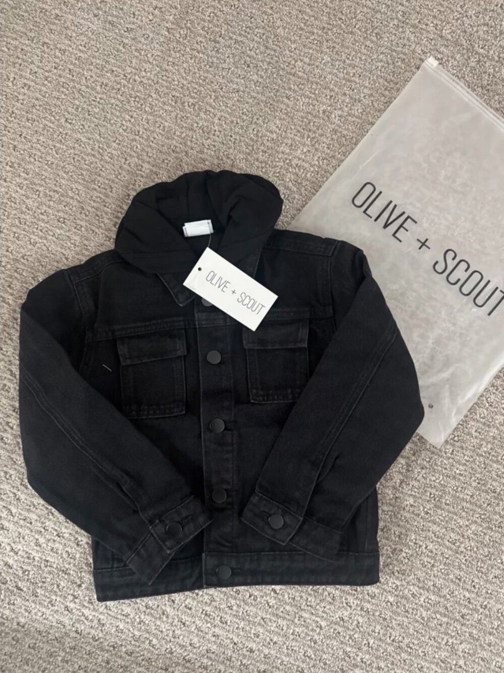NWT Olive + Scout Hooded Denim Jacket, Black (3T)